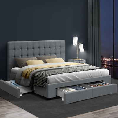 Trinity Queen Storage Bed Frame with Drawers – Grey, tufted headboard, built-in drawers, and modern bedroom furniture by Bedzy