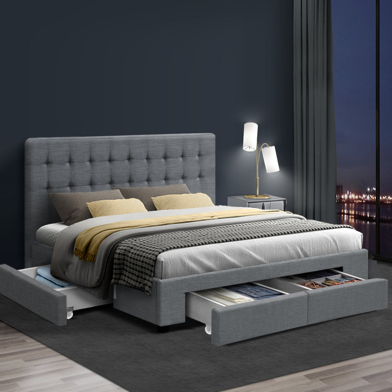 Trinity Queen Storage Bed Frame with Drawers – Grey, tufted headboard, built-in drawers, and modern bedroom furniture by Bedzy