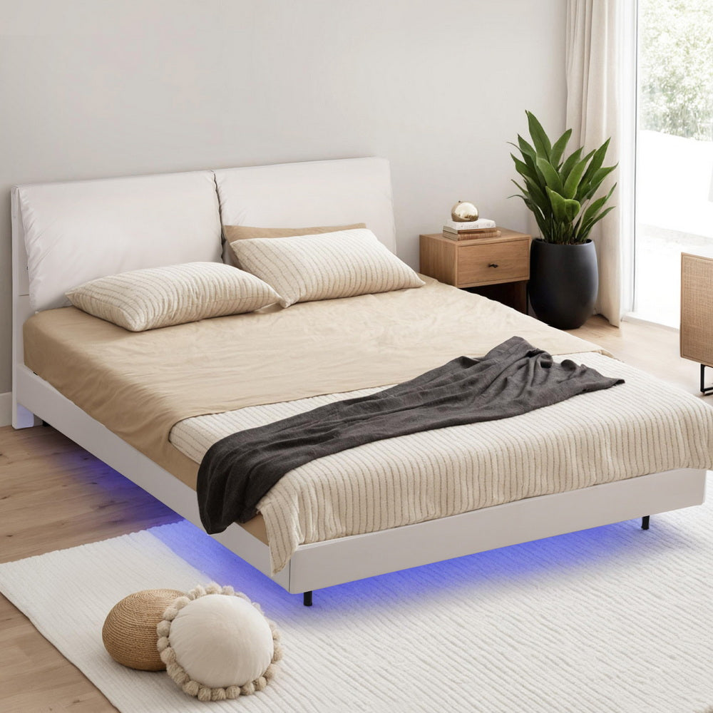Daylight Queen Floating LED Bed Frame – Beige White