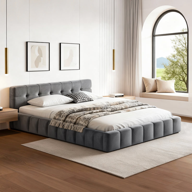 Haven Double Velvet Bed Frame - Grey with tufted velvet upholstery, low profile design, and cozy bedding in modern bedroom setting