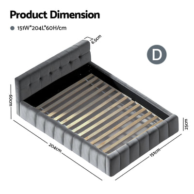 Haven Double Velvet Bed Frame - Grey with tufted velvet upholstery, wooden slats, and modern low-profile design