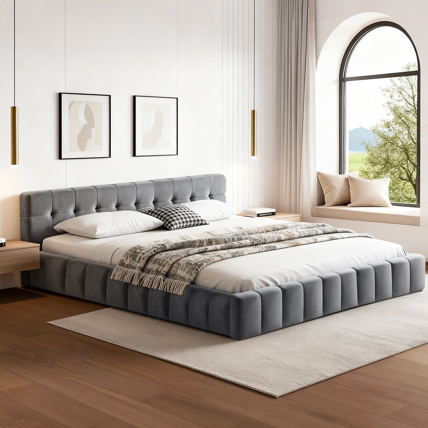 Haven King Velvet Bed Frame - Grey with tufted velvet upholstery in a modern bedroom setting with neutral tones and natural light