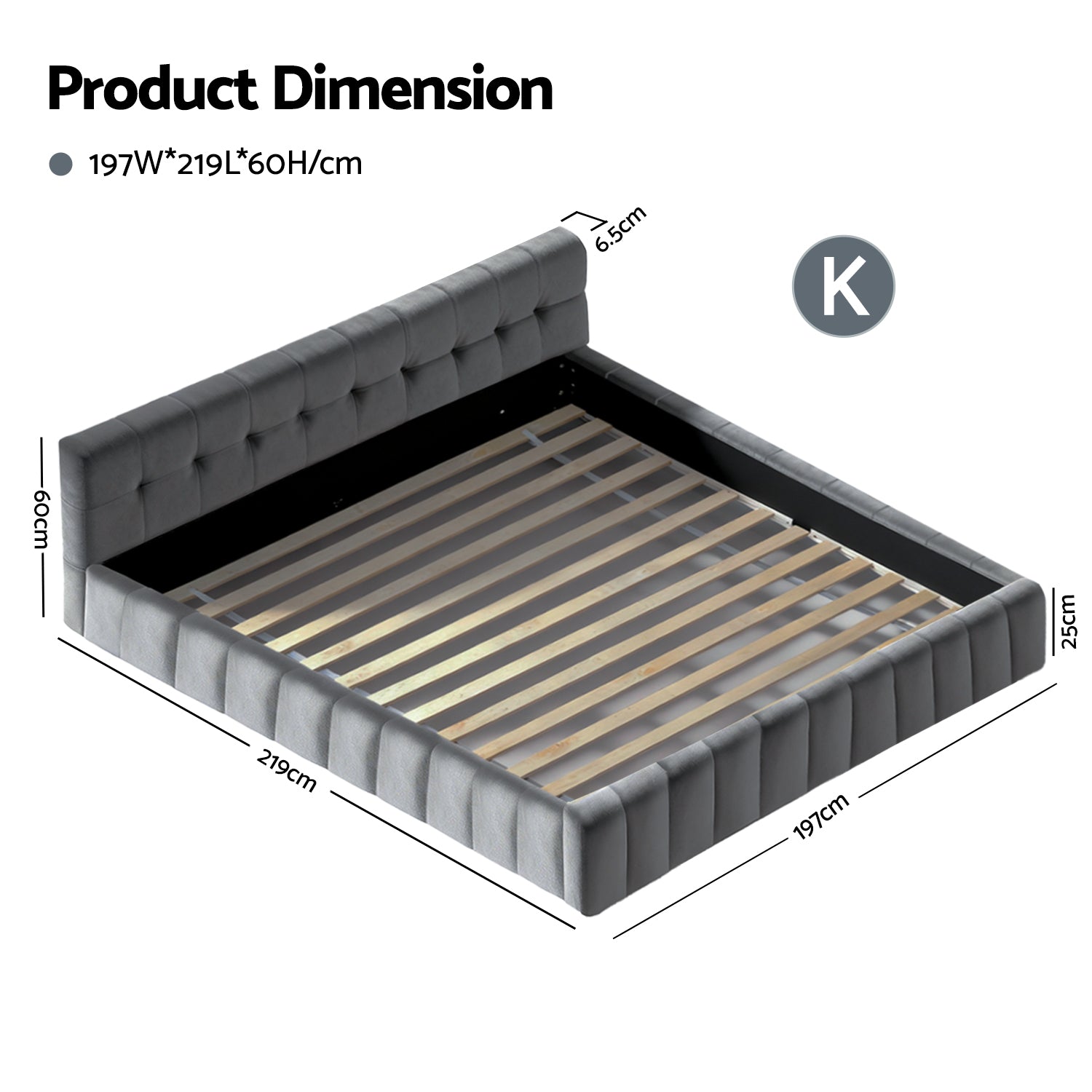 Haven King Velvet Bed Frame - Grey with tufted headboard, wooden slats, and plush velvet upholstery shown with dimensions.