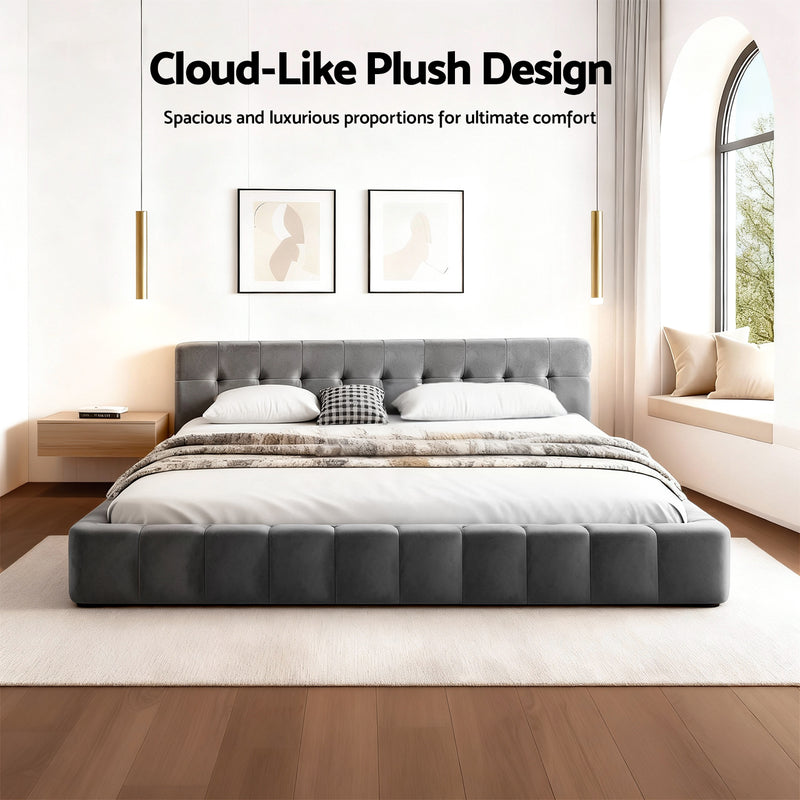 Haven King Velvet Bed Frame - Grey with plush tufted headboard and low-profile footboard in modern bedroom setting