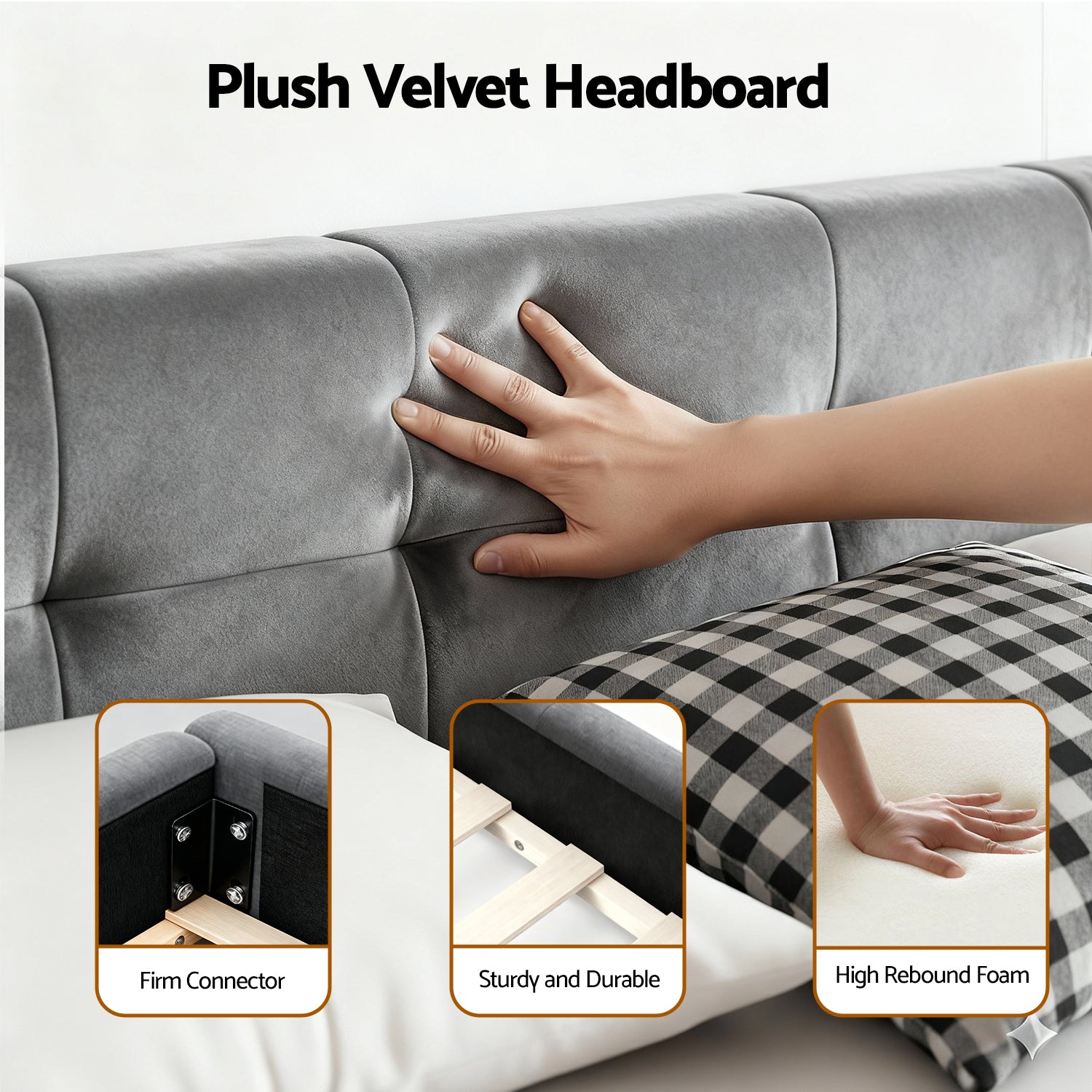 Haven King Velvet Bed Frame - Grey with plush velvet headboard, high rebound foam, sturdy wooden slats, and firm corner connectors