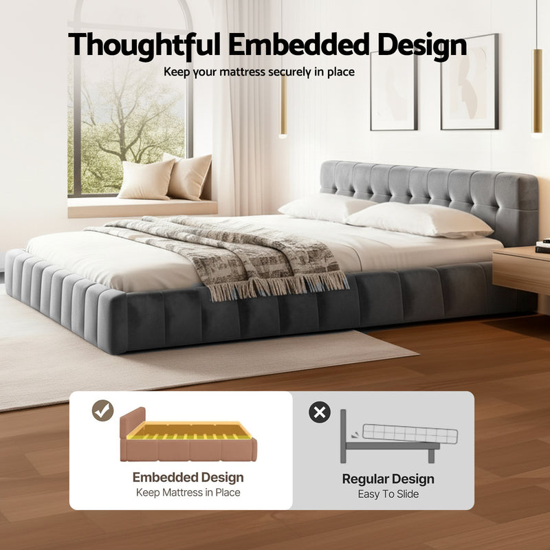 Haven King Velvet Bed Frame - Grey with tufted velvet upholstery and embedded design to keep mattress securely in place in bedroom setting