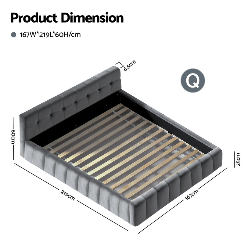 Haven Queen Velvet Bed Frame - Grey with tufted headboard, wooden slats, and velvet upholstery shown with dimensions