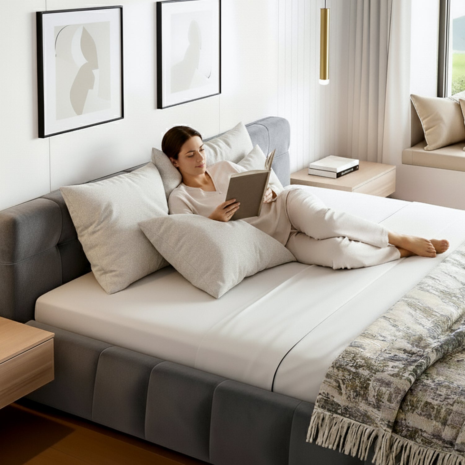 Haven Queen Velvet Bed Frame - Grey with plush cushions and modern design in a bright bedroom setting with woman reading book