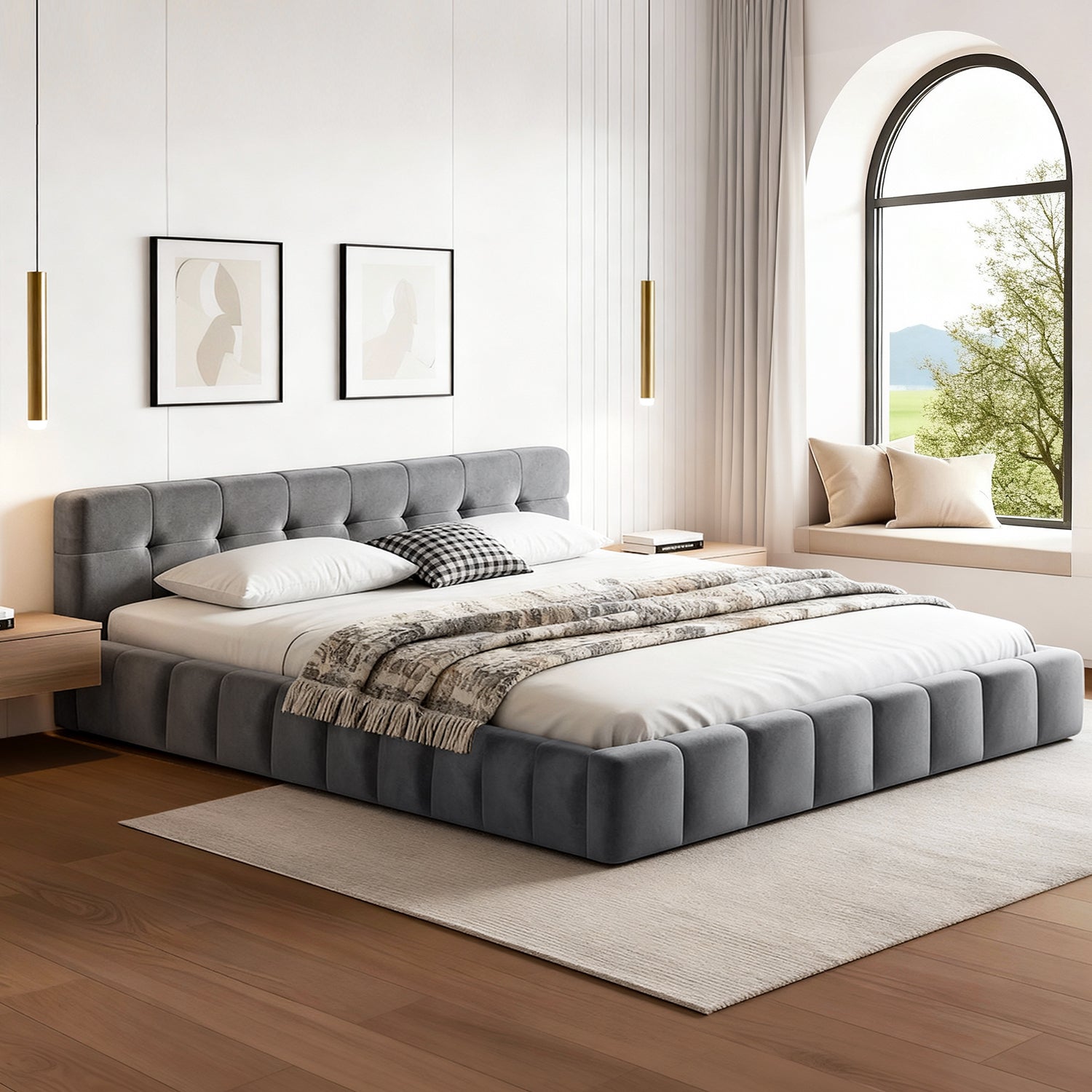 Haven Queen Velvet Bed Frame - Grey with tufted velvet upholstery, low profile design, and modern bedroom setting by Bedzy.