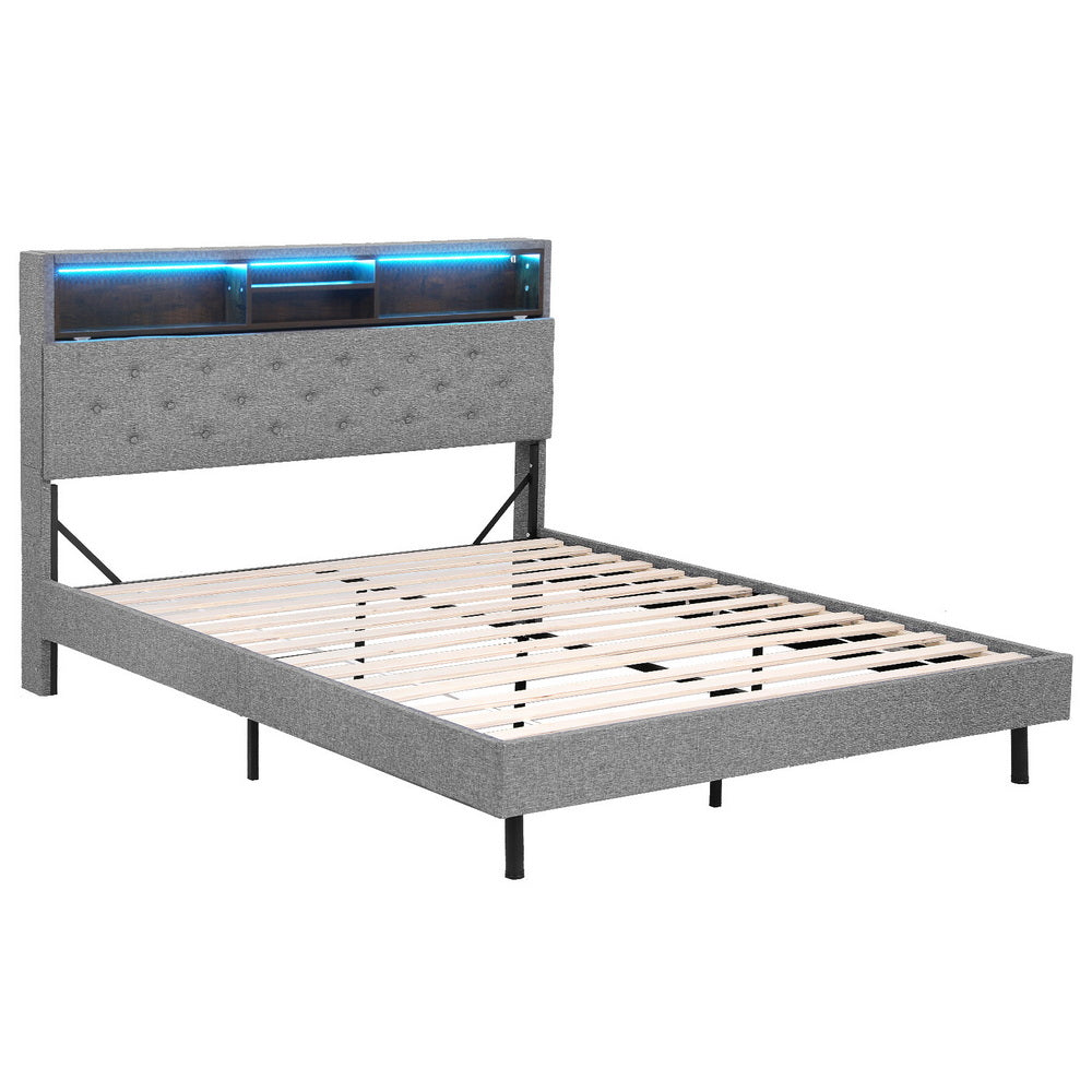 Midnight Double LED Storage Bed Frame – Grey with tufted headboard, built-in blue LED lights, shelving, and wooden slats
