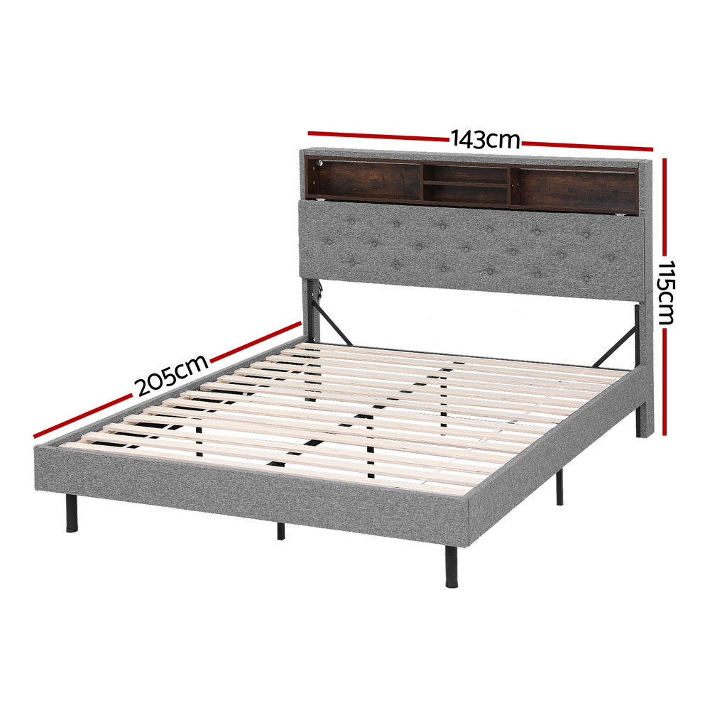 Midnight Double LED Storage Bed Frame – Grey with tufted headboard, wooden shelving, and wooden slats for bedroom furniture.