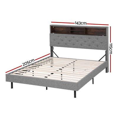 Midnight Double LED Storage Bed Frame – Grey with tufted headboard, wooden shelving, and wooden slats for bedroom furniture.