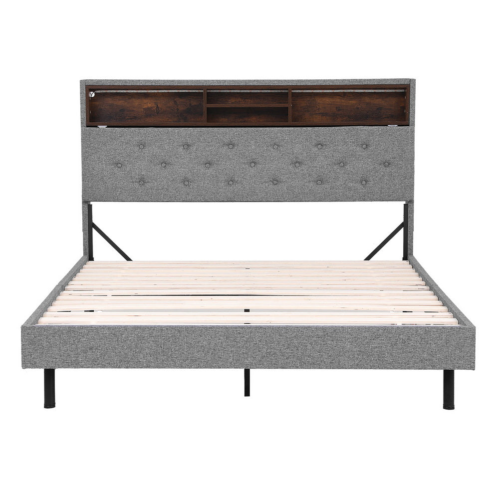 Midnight Double LED Storage Bed Frame – Grey with tufted headboard, built-in shelving, wooden slats, and metal legs.