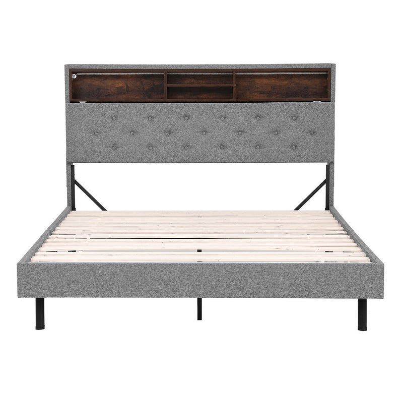 Midnight Double LED Storage Bed Frame – Grey with tufted headboard, built-in shelving, wooden slats, and metal legs.