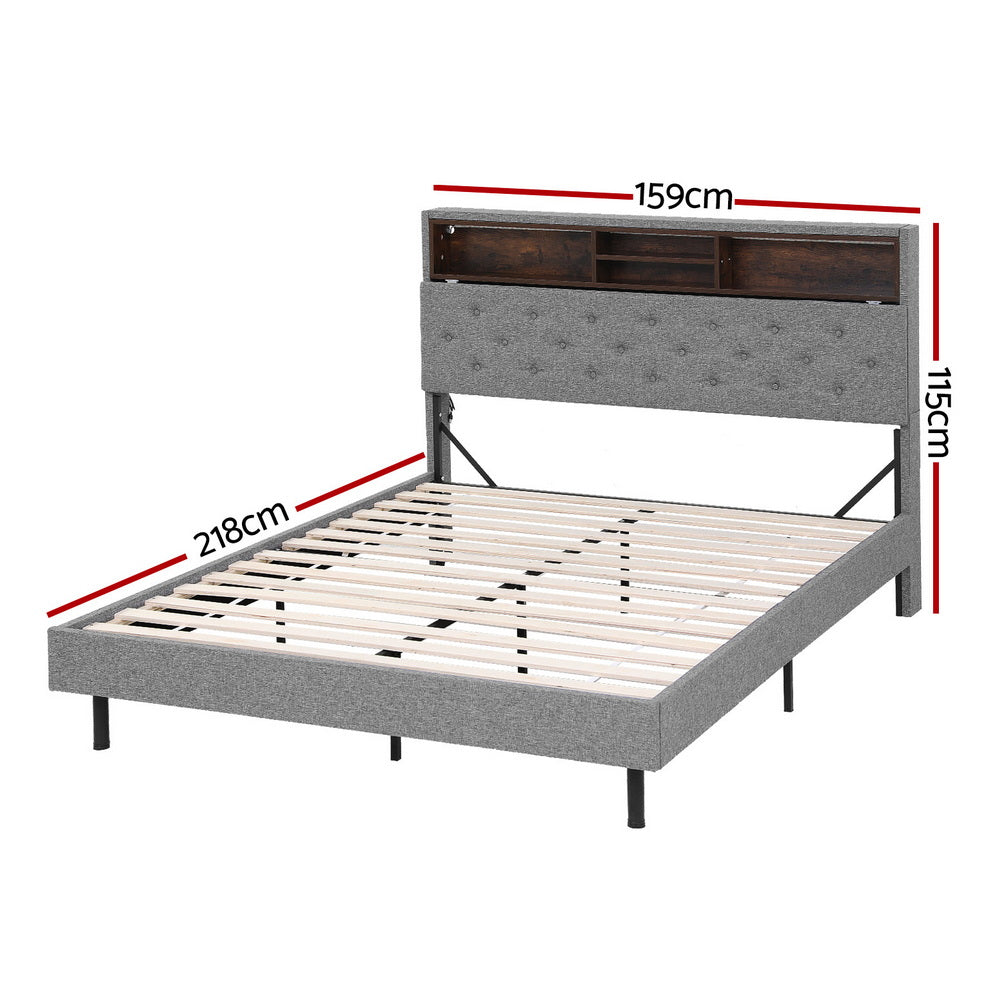 Midnight Queen LED Storage Bed Frame – Grey with tufted headboard, wooden shelving, and wooden slats on black legs