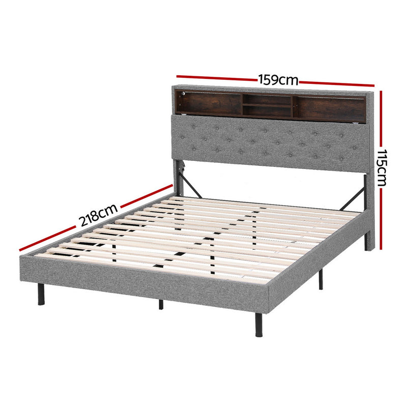 Midnight Queen LED Storage Bed Frame – Grey with tufted headboard, wooden shelving, and wooden slats on black legs