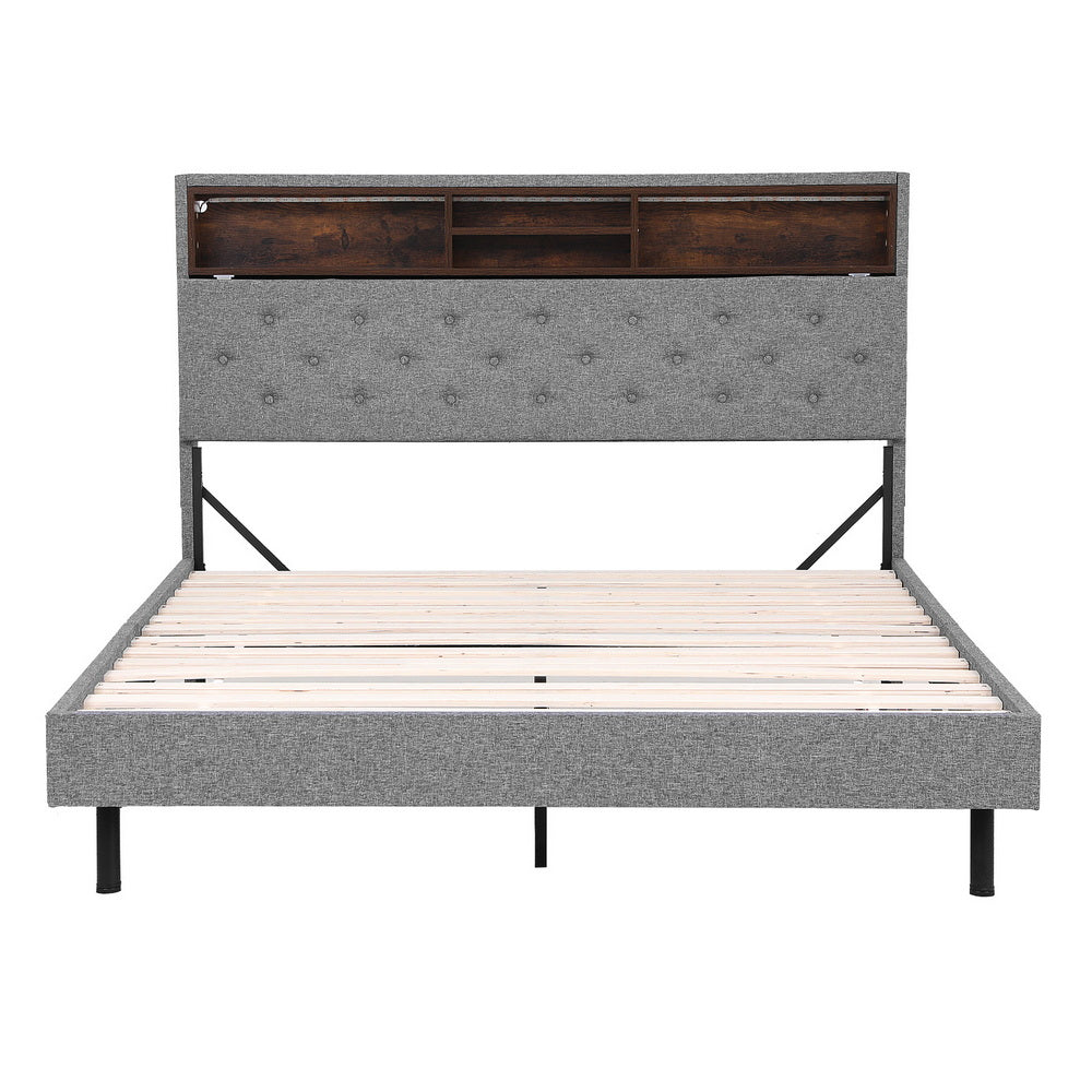 Midnight Queen LED Storage Bed Frame – Grey with tufted headboard, tiered shelving, wooden slats, and metal legs, no mattress.