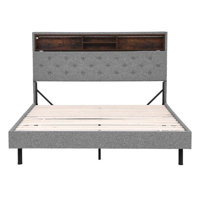 Midnight Queen LED Storage Bed Frame – Grey with tufted headboard, tiered shelving, wooden slats, and metal legs, no mattress.