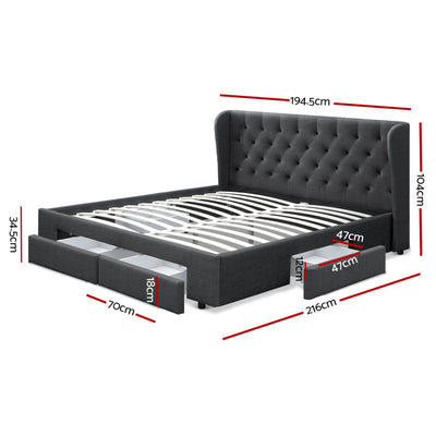 Avalon King Bed With Drawers Charcoal with tufted headboard, metal slats, and built-in storage drawers for bedroom furniture.