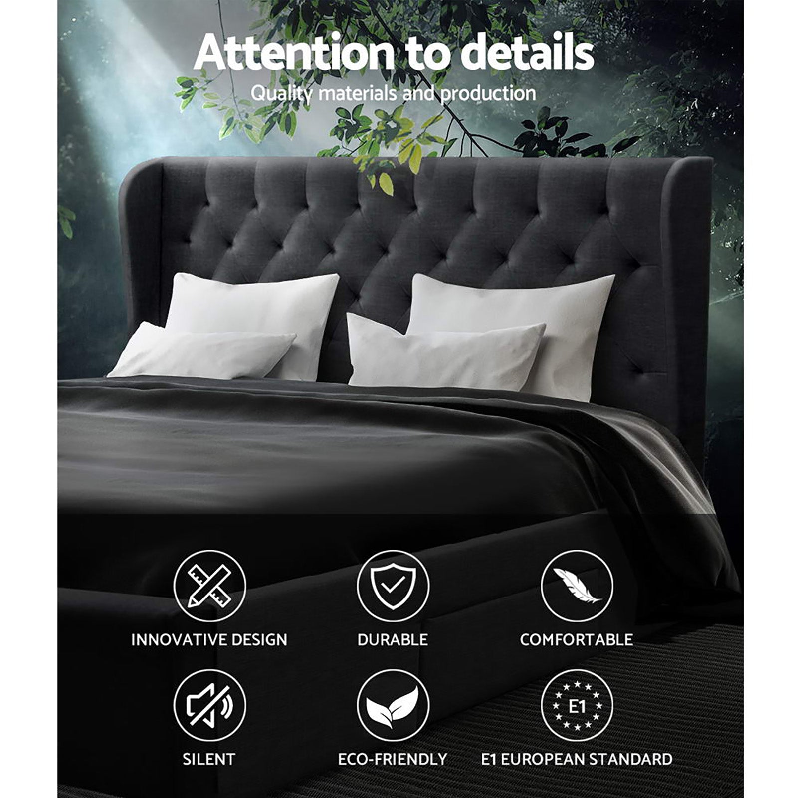 Avalon King Bed With Drawers Charcoal featuring tufted headboard, charcoal upholstery, and modern bedroom furniture design