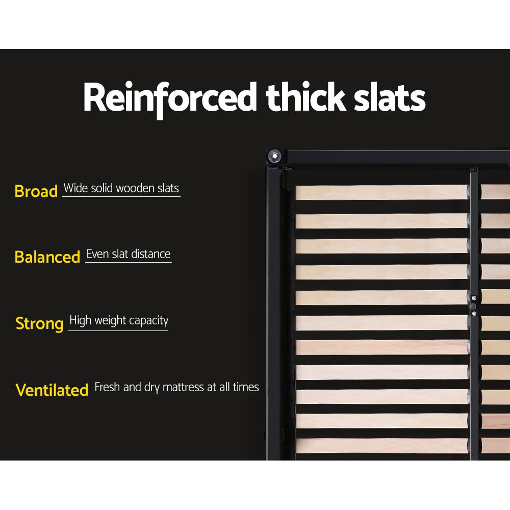 Close-up of reinforced thick wooden slats in the Avalon King Bed With Drawers Charcoal frame, showing strong steel support