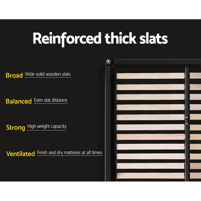 Close-up of reinforced thick wooden slats in the Avalon King Bed With Drawers Charcoal frame, showing strong steel support