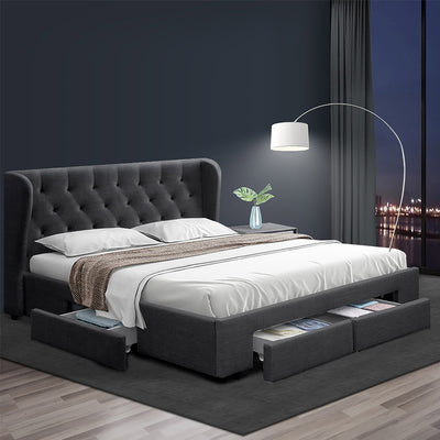 Avalon King Bed With Drawers Charcoal with tufted headboard and built-in storage drawers in modern bedroom setting