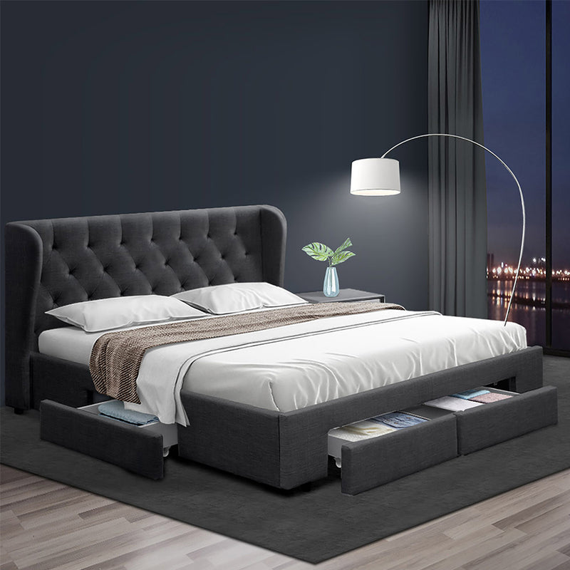 Avalon King Bed With Drawers Charcoal with tufted headboard and built-in storage drawers in modern bedroom setting