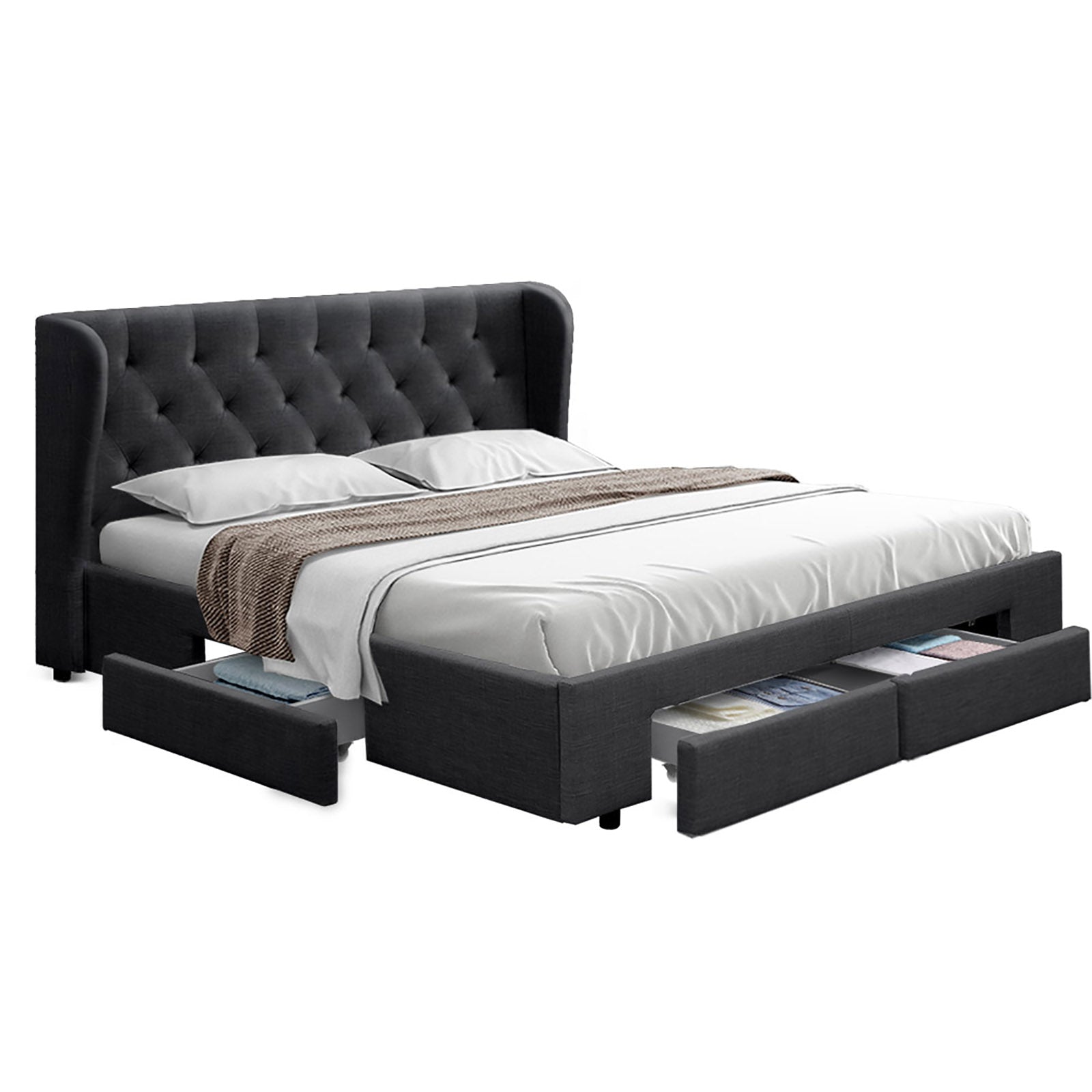 Avalon Queen Bed With Drawers Charcoal featuring tufted headboard, under-bed drawers, and charcoal fabric upholstery in bedroom setting