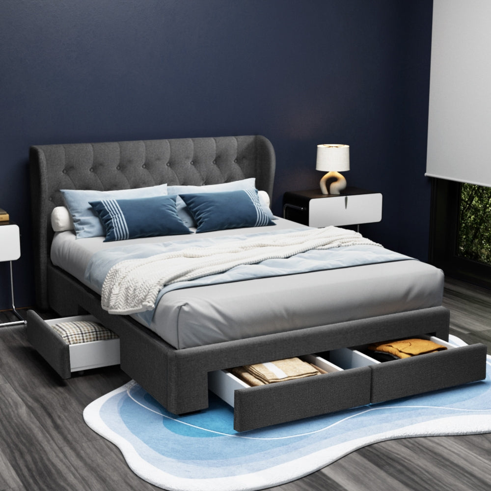 Avalon Queen Bed With Drawers Charcoal featuring tufted headboard and spacious under-bed storage drawers in modern bedroom setting