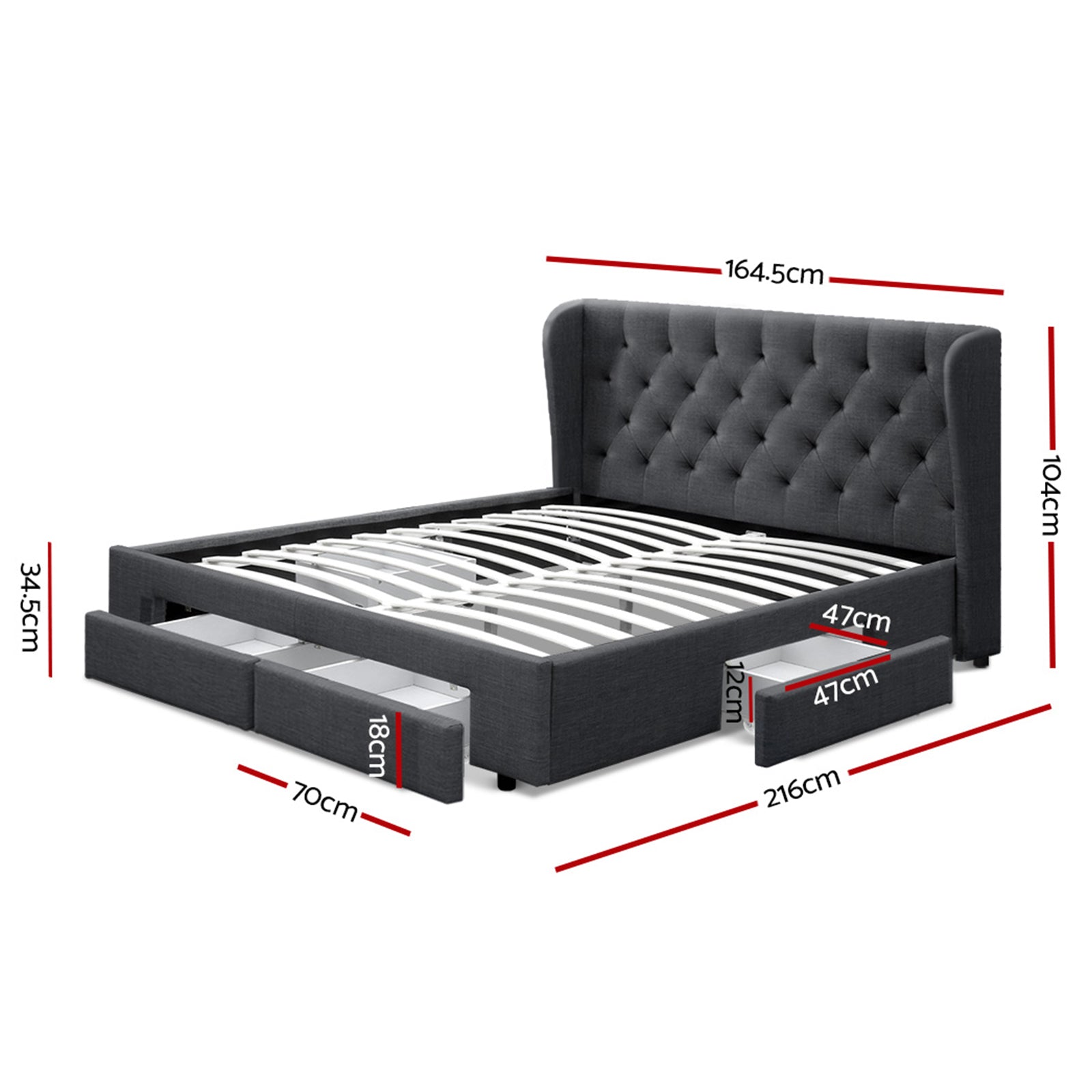 Avalon Queen Bed With Drawers Charcoal with tufted headboard, wooden slats, built-in storage drawers, and metal frame