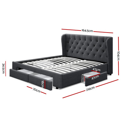 Avalon Queen Bed With Drawers Charcoal with tufted headboard, wooden slats, built-in storage drawers, and metal frame