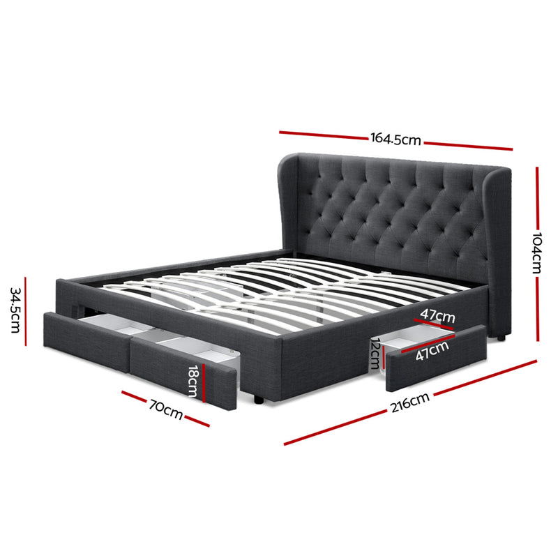 Avalon Queen Bed With Drawers Charcoal with tufted headboard, wooden slats, built-in storage drawers, and metal frame