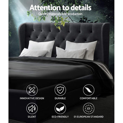 Avalon Queen Bed With Drawers Charcoal featuring tufted headboard, dark upholstery, and quality durable design for bedroom furniture.