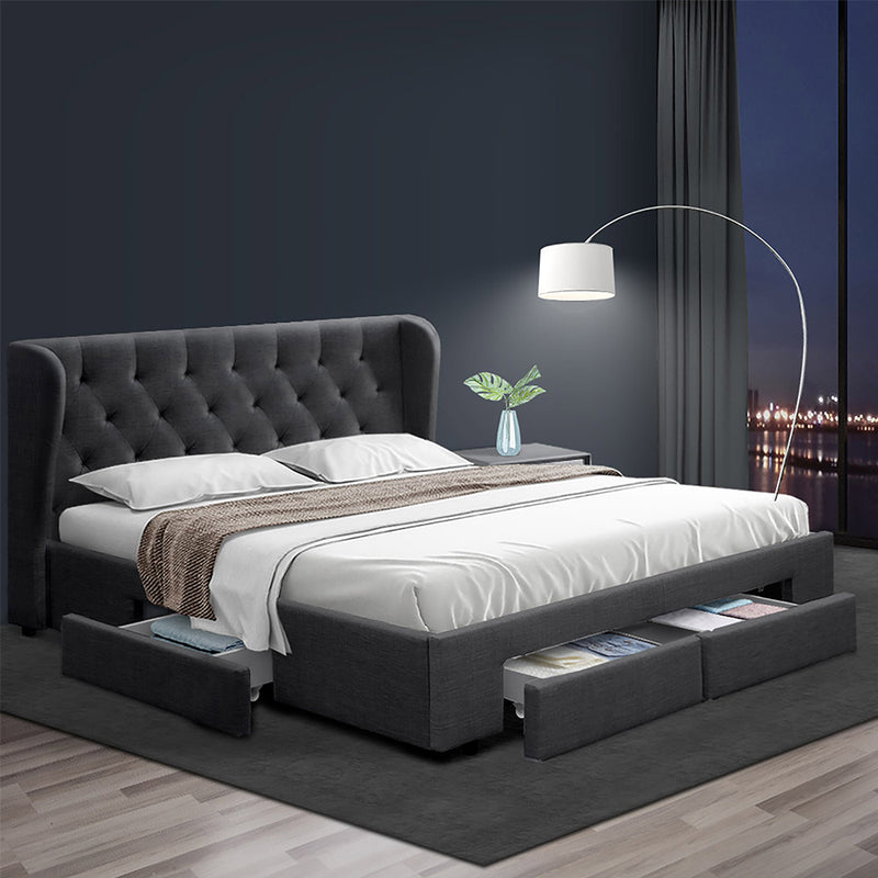 Avalon Queen Bed With Drawers Charcoal featuring tufted headboard, storage drawers, and upholstered frame in modern bedroom setting