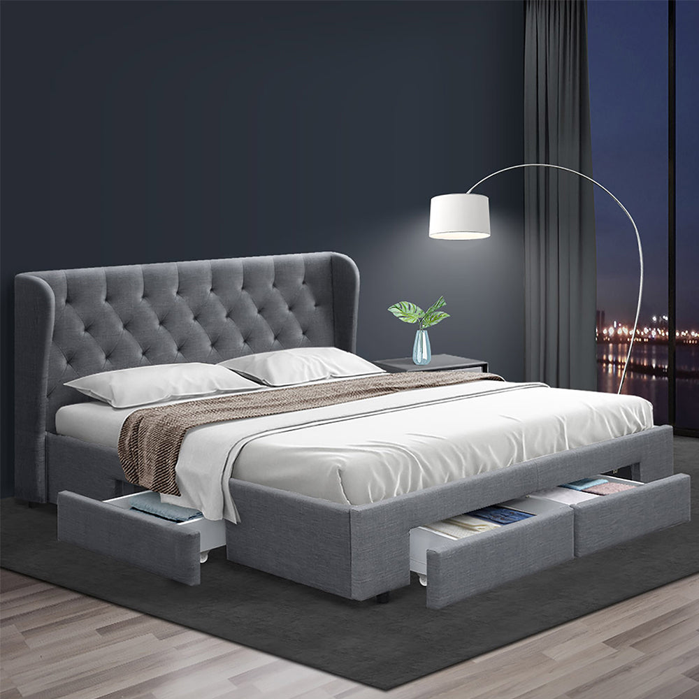Avalon Queen Bed With Drawers Grey featuring tufted headboard, built-in storage drawers, and upholstered frame in modern bedroom setting
