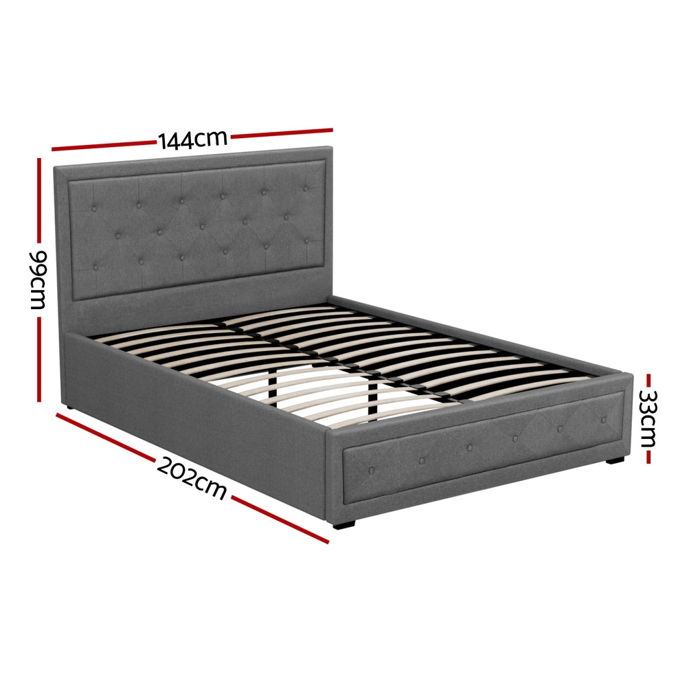 Bronte Storage Double Bed Frame Grey with tufted headboard, wooden slats, and gas lift storage system in grey fabric