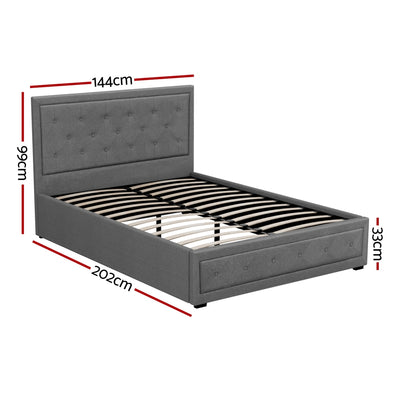 Bronte Storage Double Bed Frame Grey with tufted headboard, wooden slats, and gas lift storage system in grey fabric