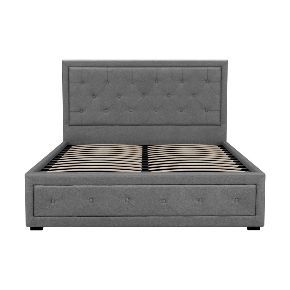 Bronte Storage Double Bed Frame Grey with tufted headboard, upholstered sides, and wooden slats, contemporary bedroom furniture.
