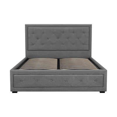 Bronte Storage Double Bed Frame Grey with tufted headboard, upholstered sides, and wooden slats, contemporary bedroom furniture.