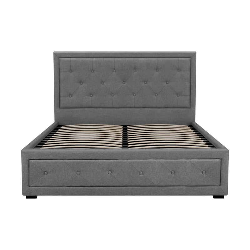Bronte Storage Double Bed Frame Grey with tufted headboard, upholstered sides, and wooden slats, contemporary bedroom furniture.
