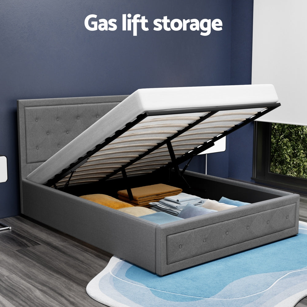 Bronte Storage Double Bed Frame Grey with gas lift storage, tufted headboard, and upholstered bedroom furniture in modern room setting