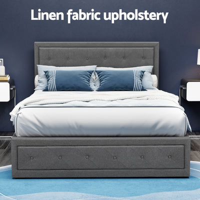 Bronte Storage Double Bed Frame Grey with tufted linen upholstery, gas lift storage, and modern bedroom furniture design