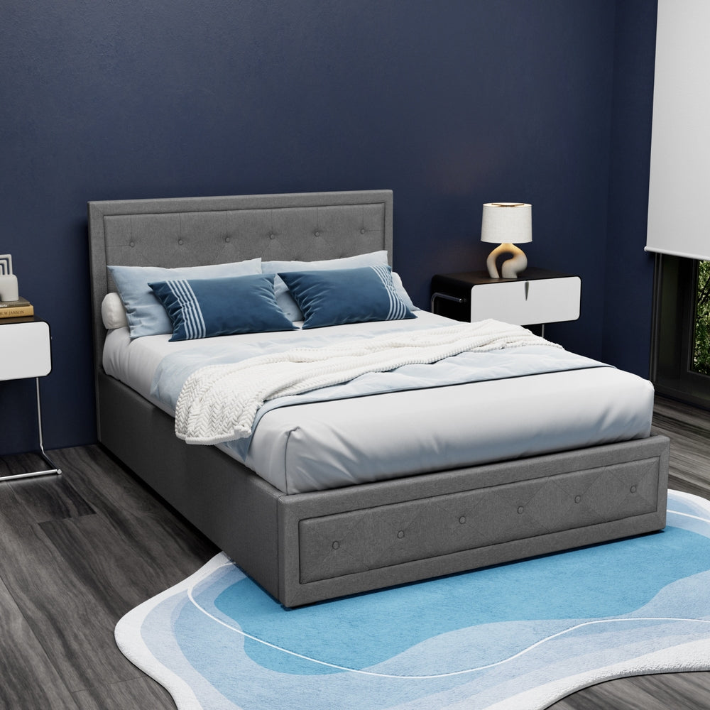 Bronte Storage Double Bed Frame Grey with tufted headboard, gas lift storage, and contemporary bedroom furniture setting