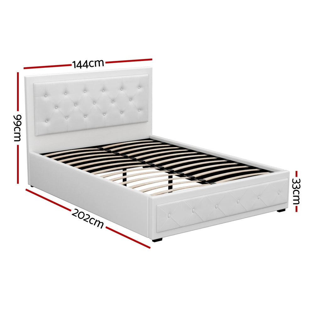 Bronte Storage Double Bed Frame White in white with tufted headboard, gas lift storage, and wooden slats shown with dimensions