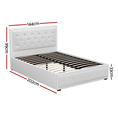 Bronte Storage Double Bed Frame White in white with tufted headboard, gas lift storage, and wooden slats shown with dimensions