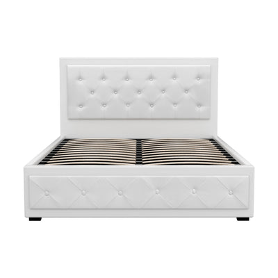 Bronte Storage Double Bed Frame White with tufted PVC leather headboard, base, and wooden slats for mattress support