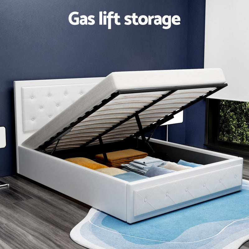 Bronte Storage Double Bed Frame White with gas lift storage, tufted PVC leather headboard and spacious underbed compartment