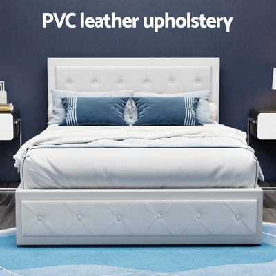 Bronte Storage Double Bed Frame White with PVC leather upholstery, tufted headboard, and modern bedroom furniture design