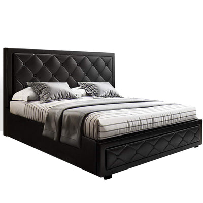 Bronte Storage Double Bed Frame Black with tufted PVC leather headboard and sides, contemporary bedroom furniture design